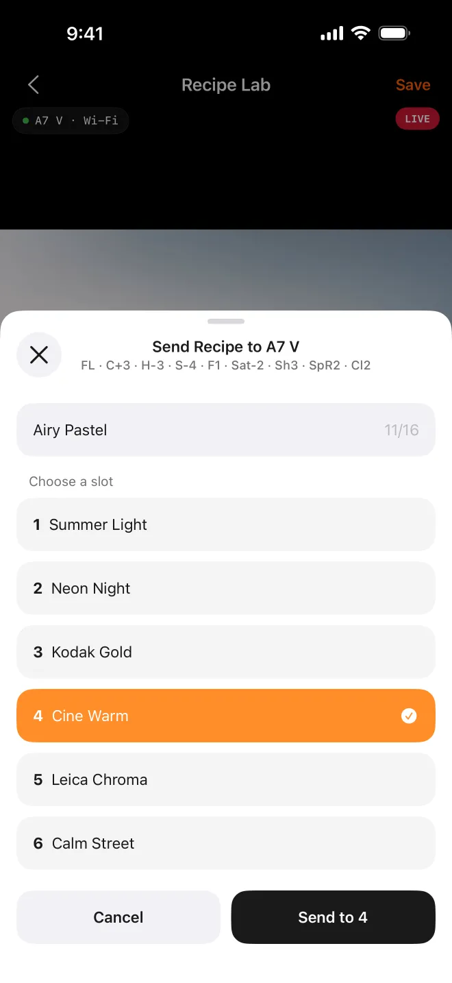 Send to a Custom Look slot: confirm the name, then choose where it goes. (Recipe names shown are examples.)