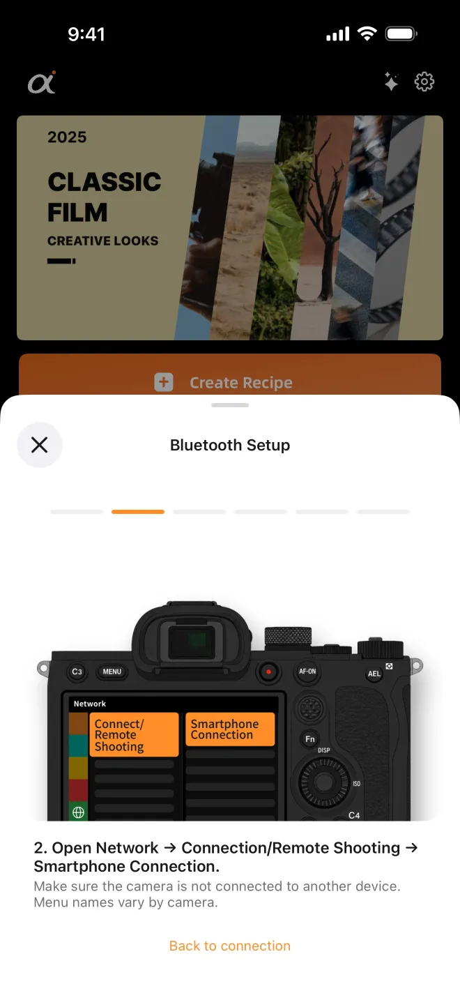 The Bluetooth guide shows where Smartphone Connection lives on the camera.