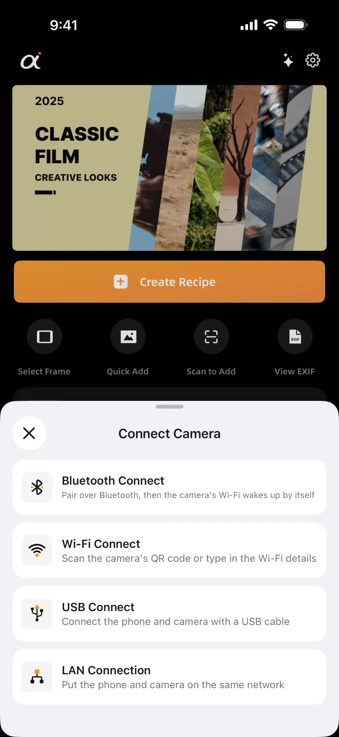 Tap Connect on the home screen and pick one of four ways in.