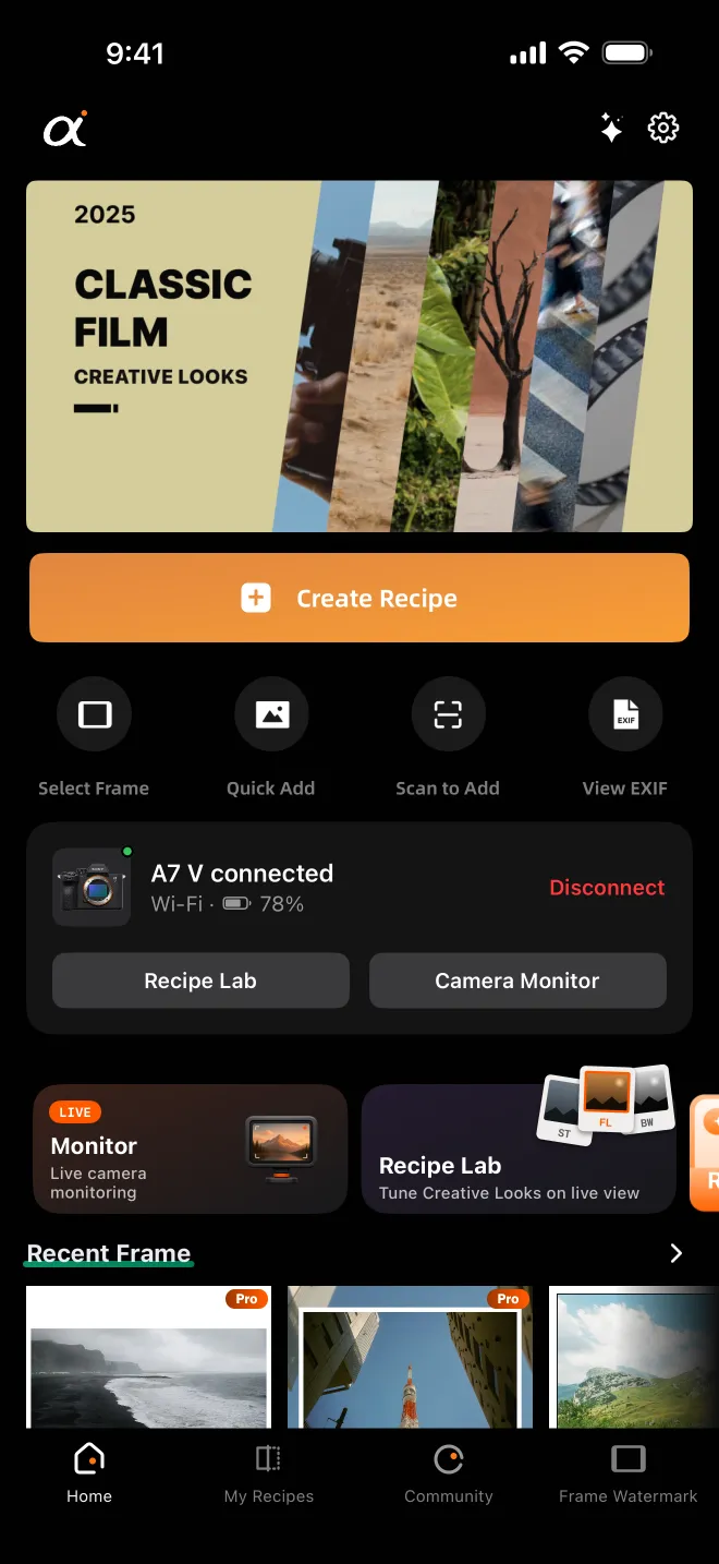 The connected card: model, connection, battery, and two shortcuts.