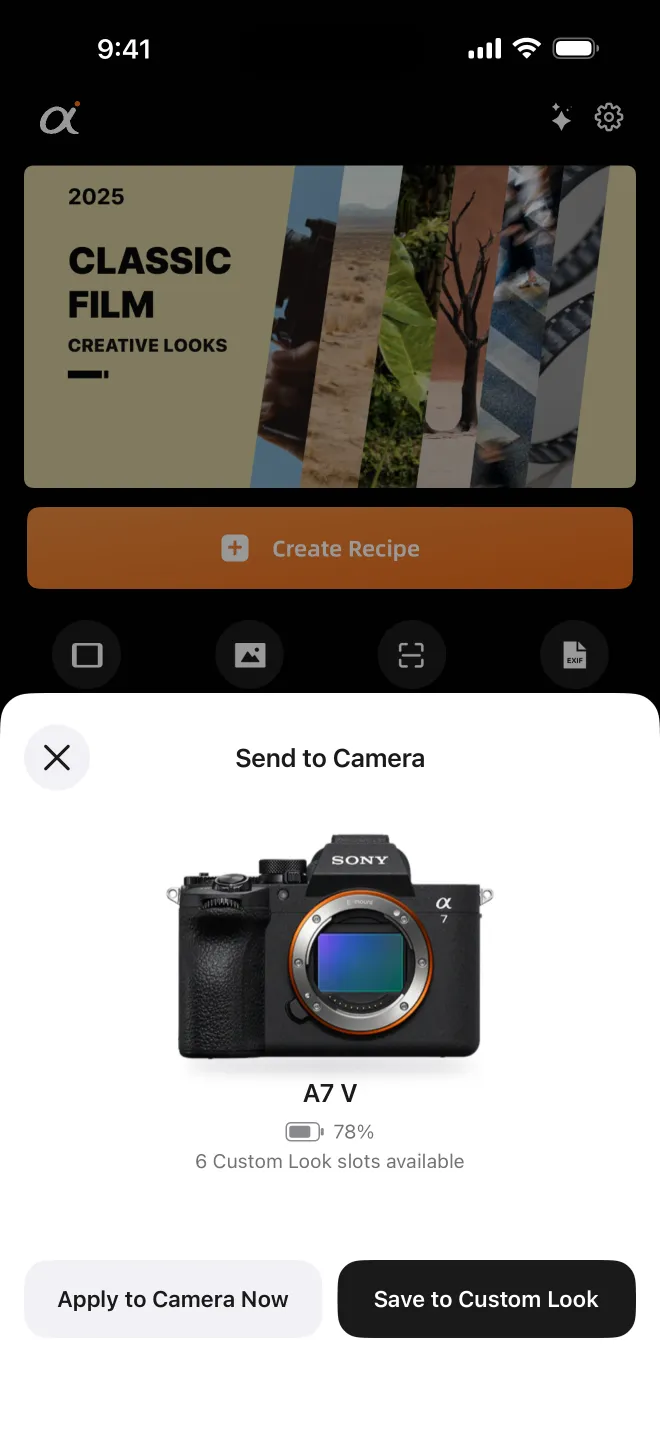 Choose Apply to Camera Now, or Save to Custom Look to keep it in a slot. (Recipe names shown are examples.)