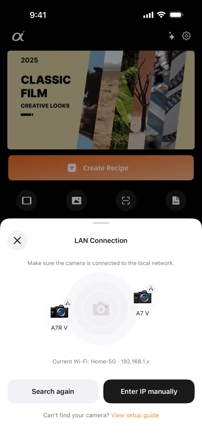 Same network: cameras found on your Wi-Fi appear around the radar — tap yours.